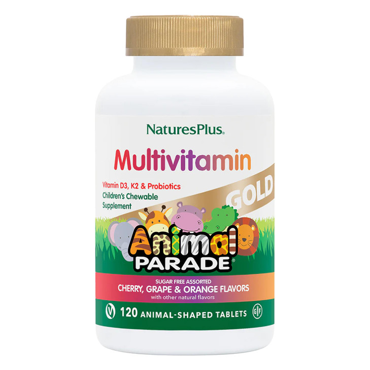 NaturesPlus Animal Parade Gold Children's Multivitamin - Assorted Cherry, Orange & Grape Flavors - 120 Animal-Shaped Chewable Tablets, Pack of 3 - Ve