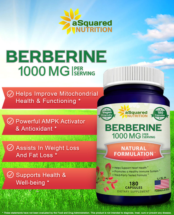 aSquared Nutrition Pure Berberine 1000mg Supplement - 180 Veggie Capsules, Natural Berberine Hydrochloride HCL Plus, Max Strength 1000 mg (2X 500mg),