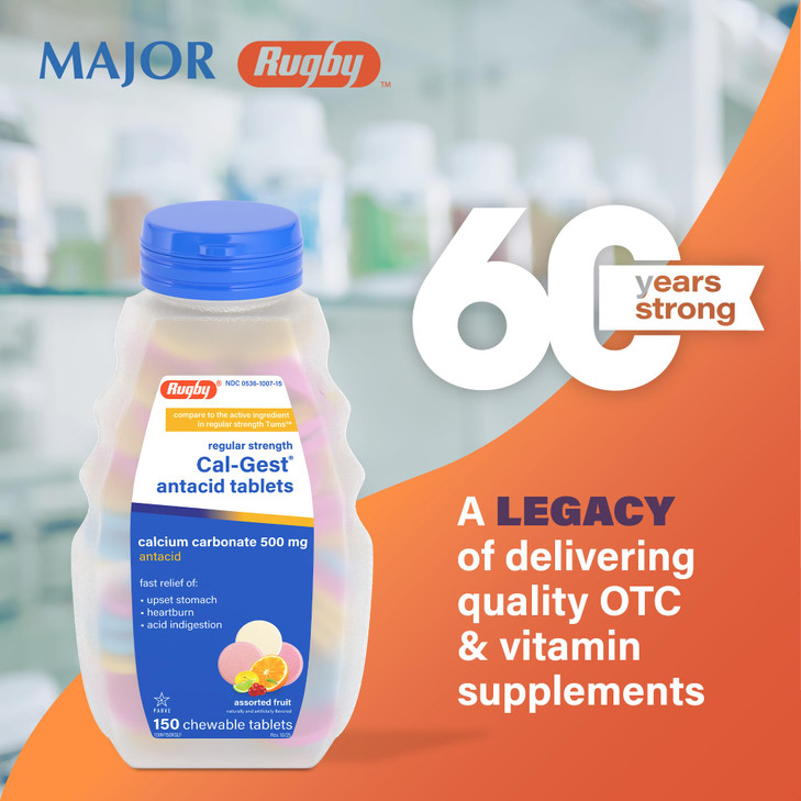 Rugby Calcium Cal-Gest Antacid Tablets - Regular Strength - Calcium Carbonate 500 mg - Assorted Fruit Flavor - 150 Chewable Count (1 Pack)