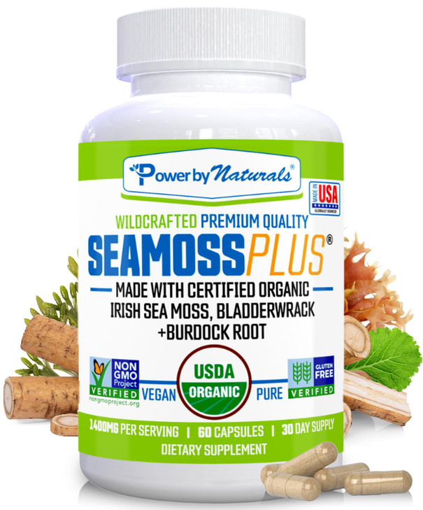 Power By Naturals SeaMoss Plus - USDA Organic Irish Sea Moss Capsules w/Wild Harvested Irish Seamoss, Bladderwrack & Burdock Root Immunity Supplement