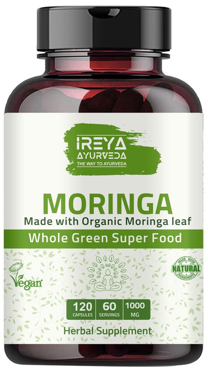 Ireya Ayurveda Moringa Capsule 1000 mg (120 Capsules), Moringa Powder Capsules Made from Organic Moringa Leaf Powder | Non-GMO Whole Green Super Food