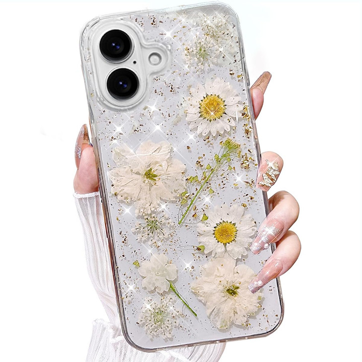 AuroiCCY for iPhone 16 Clear Case, Pressed Real Flowers Design Glitter Cute White Daisy Floral Pattern Slim Soft TPU Shockproof Protective Women Girl