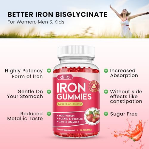 Iron Gummies with Multivitamin, Iron Supplement for Women & Men with Zinc, Vitamin B Complex & C, B12, Folate - Blood Builder & Energy Support for Ad