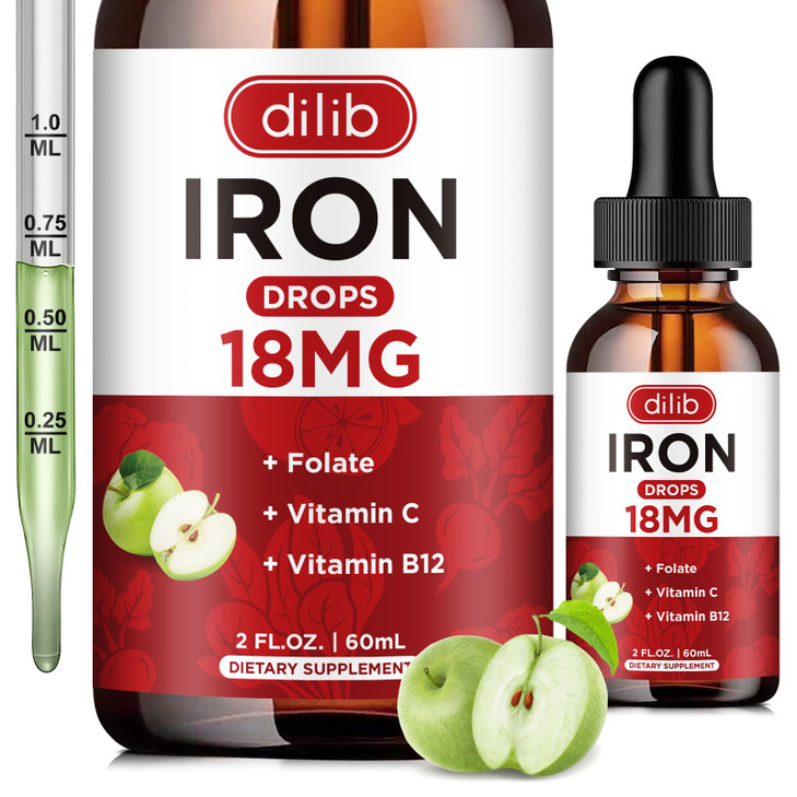 Liquid Iron Supplement for Women & Men Iron Drops Iron Supplements for Anemia with Folate, Vitamin C, B12 for Red Blood Cell Support-Green Apple Flav