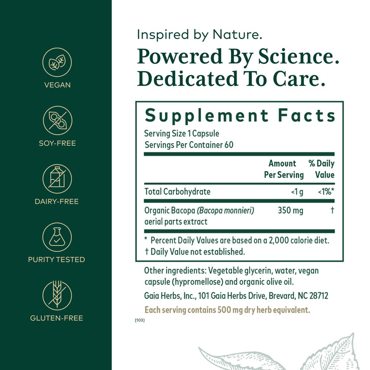 GAIA HERBS PRO Bacopa - Brain Health & Nootropic Support - 60 Liquid Phyto-Caps (30 Servings)