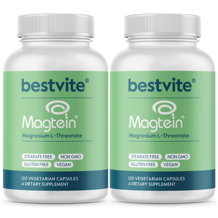 BESTVITE Magtein Magnesium L-Threonate Capsules - 2000mg per Serving (240 Vegetarian Capsules) (120 x 2)- Patented and Bioavailable Magnesium - No St