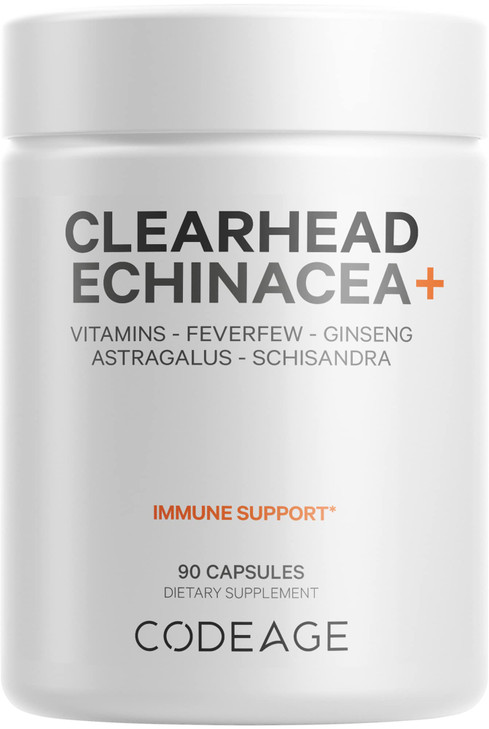Codeage Clearhead Echinacea+ Supplement - Echinacea, Schisandra, Feverfew, Coptis, American Ginseng, Astragalus, Garlic, Probiotics, Vitamins C & D3,
