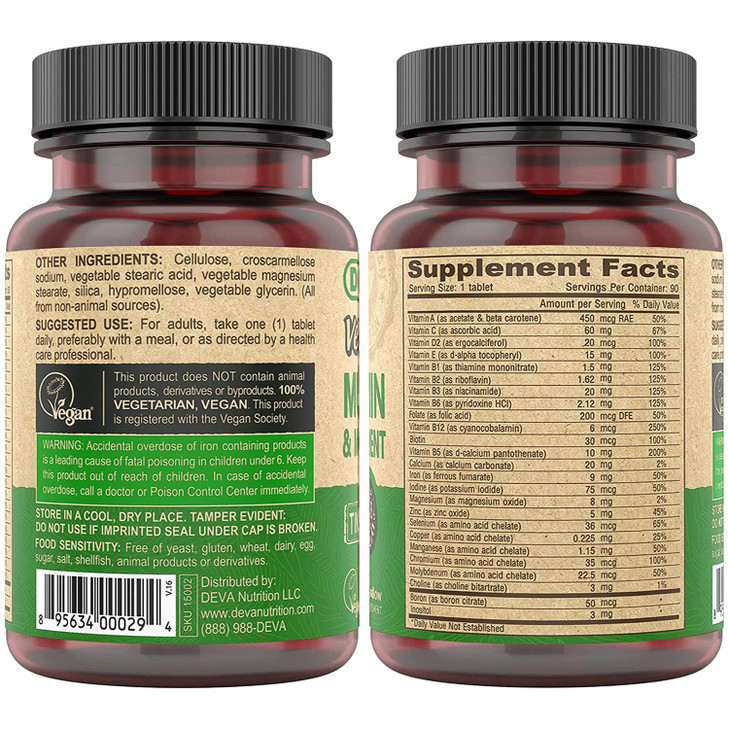 DEVA Tiny Tablets Vegan Multivitamin for Women & Men 2-Pack with Iron, Vitamin C, E, B Complex Vitamins, Zinc, 90 Tablets Each