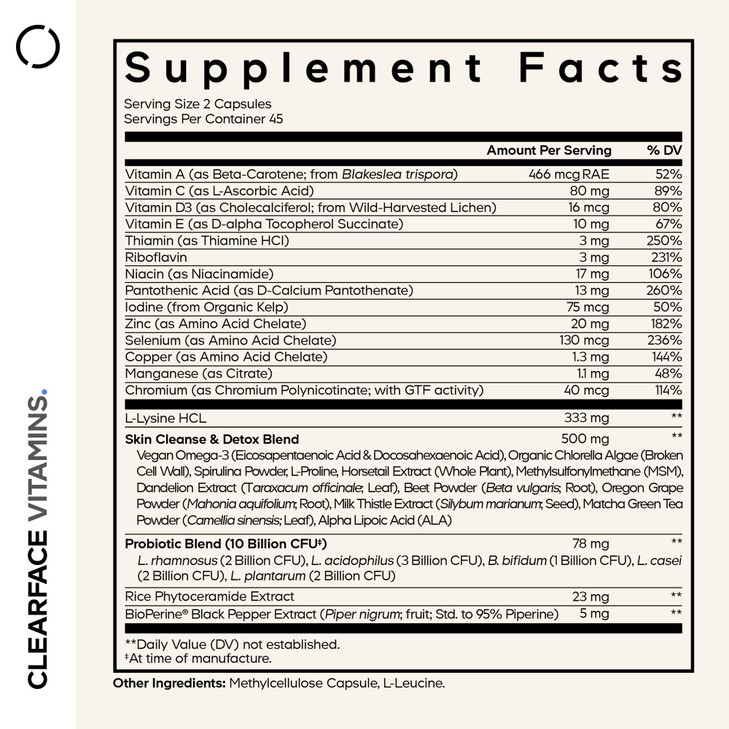 Codeage Clearface Pantothenic Acid, Niacin Supplement, Vitamins A, C, D3, E, Probiotics, Zinc, Riboflavin, Thiamin, L-Lysine HCL & Omega-3, Niacinami