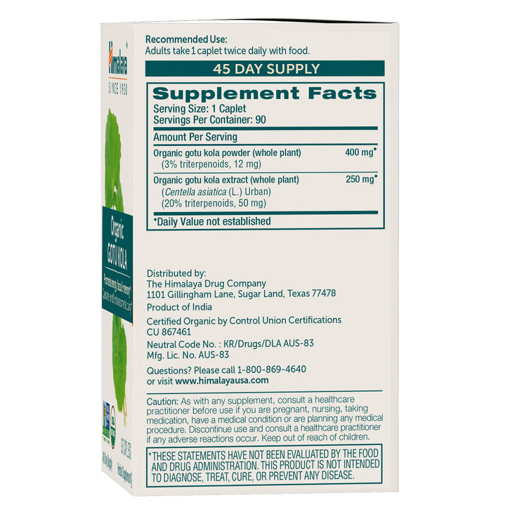 Himalaya Organic Gotu Kola, 45 Day Supply - Herbal Nootropic Supplement with Adaptogens for Energy, Focus, Memory, and Calming Relaxation - Vegan, No