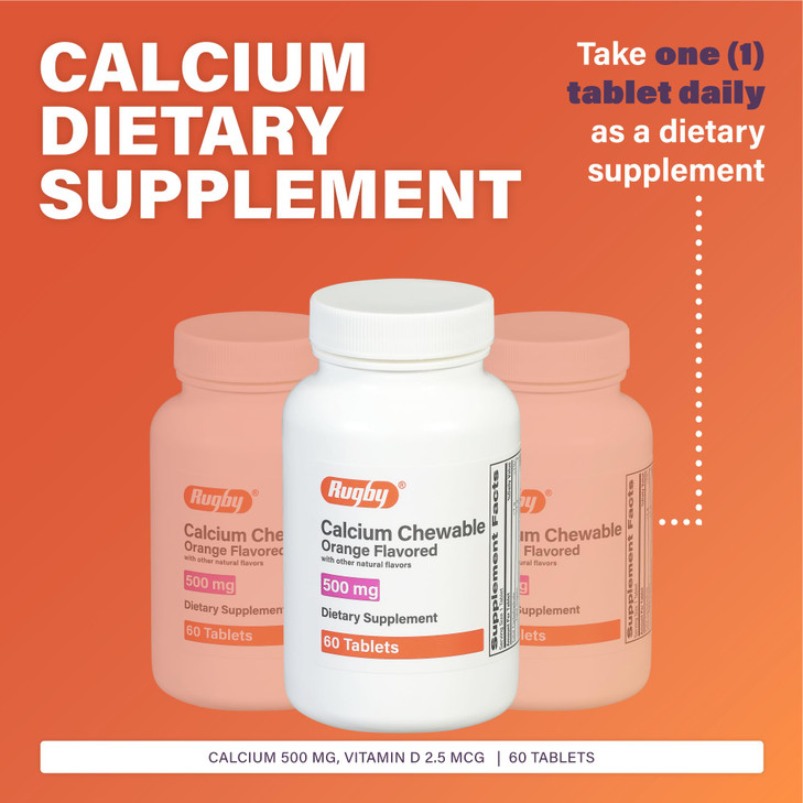 Rugby 500mg Calcium Chewable Tablets - Dietary Supplement - Orange Flavored - 60 Count (1 Pack)