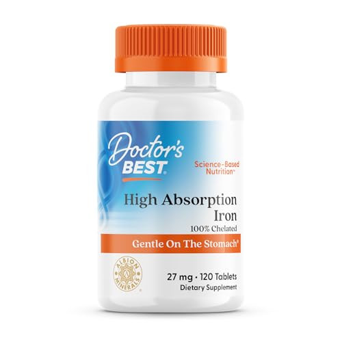 Doctor's Best High Absorption Iron Tablet with Ferrochel, Gentle on The Stomach, Immune Health, Blood Health, 27 mg