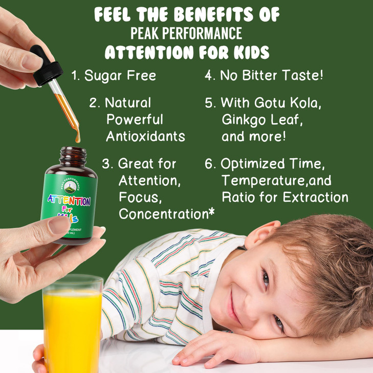 Kids Focus Drops. Attention Deficit Liquid Supplement for Concentration, Attention, Brain, Memory. No Bitter Taste. Natural Non-Habit Forming Sugar F