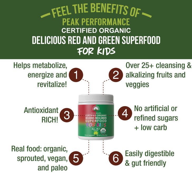Kids Greens and Reds Superfood Powder. Best Tasting Organic Vegan Super Food Juice with 25+ Real Fruits and Vegetables. Gluten Free Real Food Vitamin