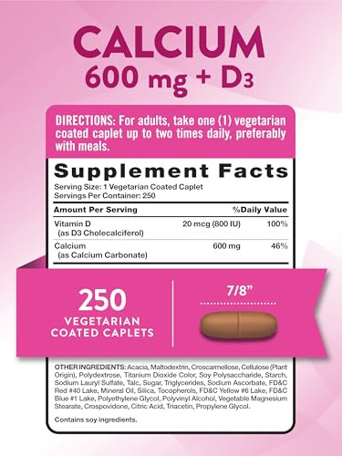 Nature's Truth Calcium 600mg with Vitamin D3 | 250 Caplets | Calcium Carbonate | Vegetarian, Non-GMO & Gluten Free Supplement