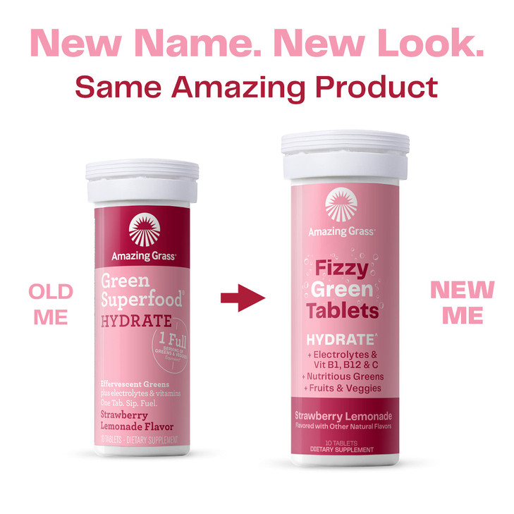 Amazing Grass Electrolyte Tablets, Fizzy Greens Water Flavoring Tablet with Vitamins, Hydrate Strawberry Lemonade, 10 Count (Pack of 6) (Packaging Ma