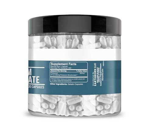 Earthborn Elements Potassium Bicarbonate 200 Capsules, Pure & Undiluted, No Additives