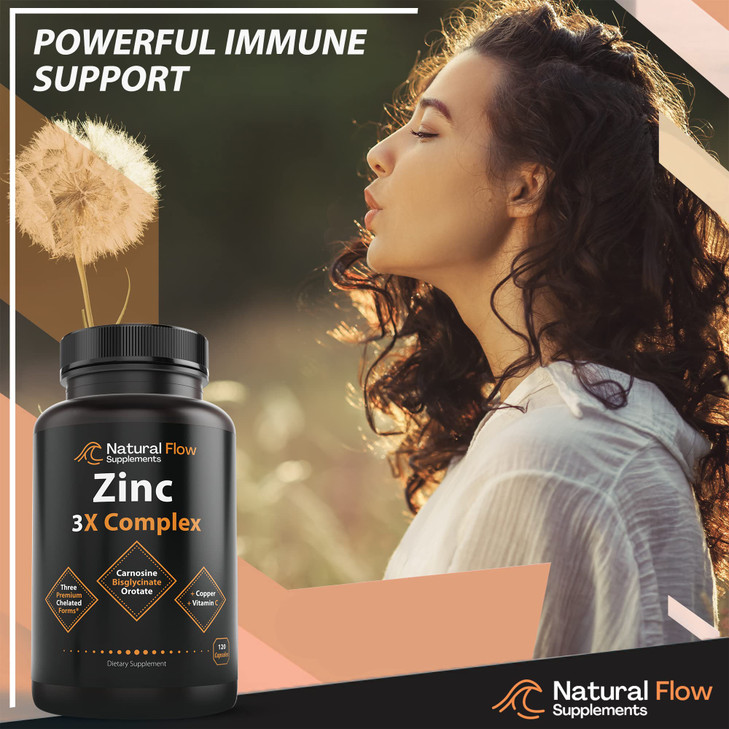 Zinc Supplement Complex with Copper and Vitamin C - Natural Flow 3X Zinc Carnosine, Bisglycinate Chelate, and Orotate, Chelated Copper, Easy on The S