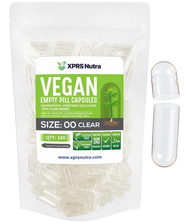 XPRS Nutra Size 00 Empty Capsules - 100 Count Clear Empty Vegan Capsules - Vegetarian Empty Pills - DIY Vegetable Capsule Filling- Veggie Pill Caps