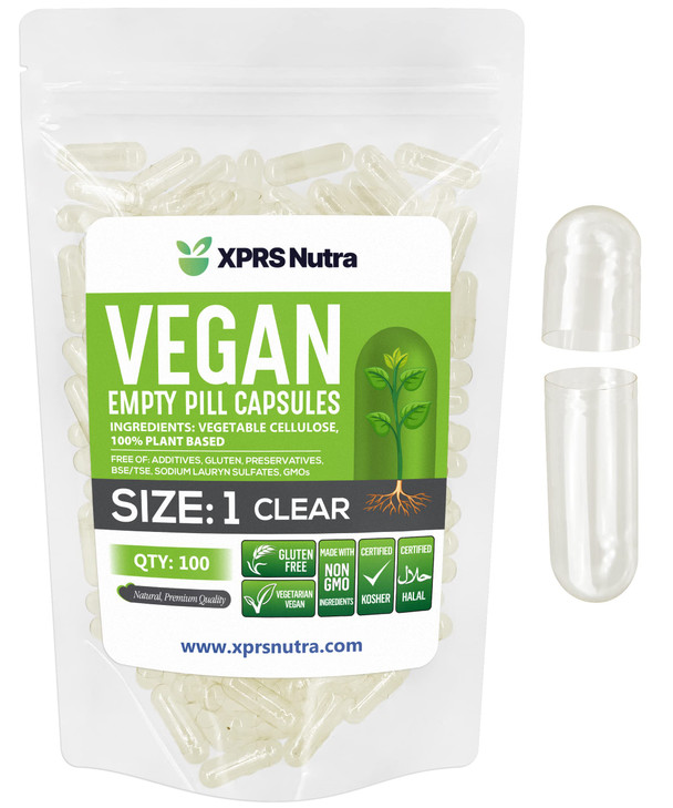 XPRS Nutra Size 1 Empty Capsules - 100 Count Clear Empty Vegan Capsules - Vegetarian Pills - DIY Vegetable Capsule Filling- Veggie Pill Caps for Do-I