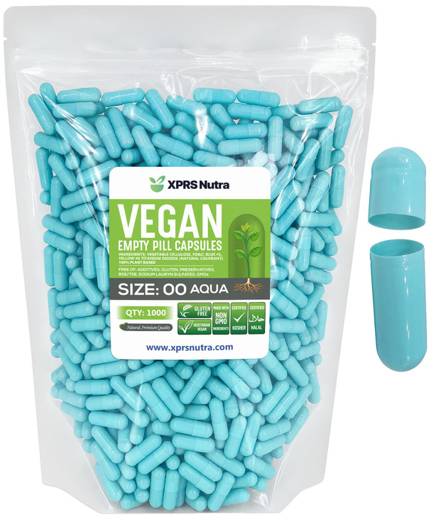 XPRS Nutra Size 00 Empty Capsules - 1000 Count Empty Vegan Capsules - Vegetarian Empty Pills - DIY Vegetable Capsule Filling- Veggie Pill Caps (Aqua)