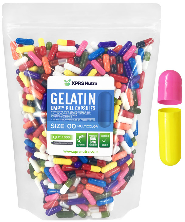 XPRS Nutra Size 00 Empty Capsules - 1000 Count Empty Gelatin Capsules - DIY Filling - Fillable Pills Gel Caps for Do-It-Yourself Supplements (Multi C
