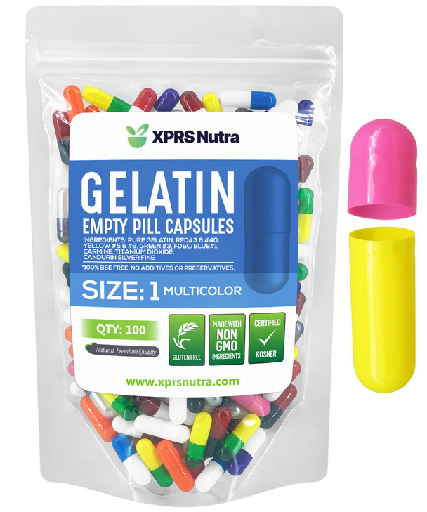 XPRS Nutra Size 1 Empty Capsules - 100 Count Empty Gelatin Capsules - Pills for DIY Capsule Filling - Pure Bovine Pill Gel Caps to Fill with Your Sup