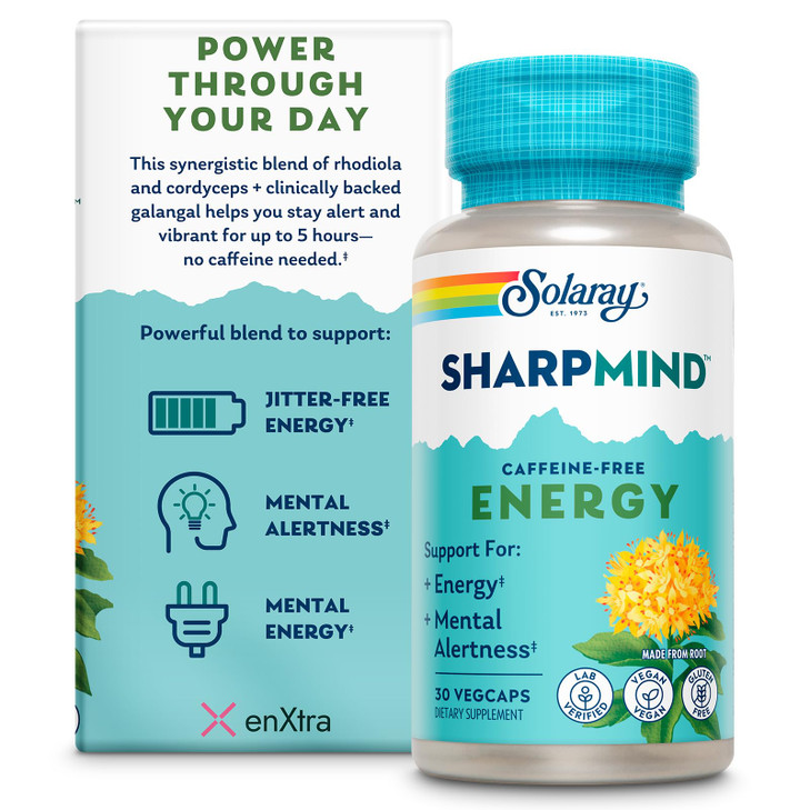 SOLARAY SharpMind Energy, Energy Booster for Women and Men, Nootropic Focus Supplement, Caffeine Free Energy Pills with Rhodiola Rosea and Cordyceps,