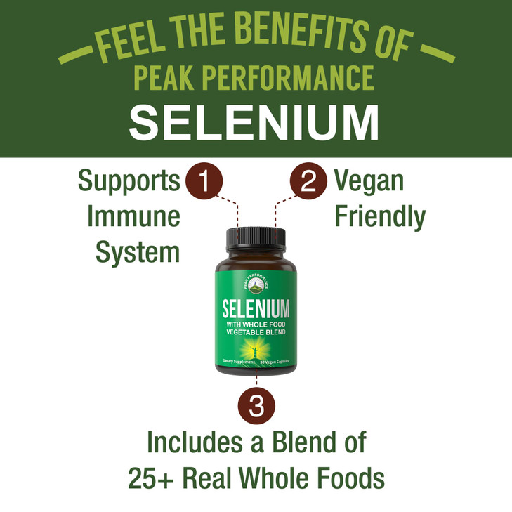 Selenium Supplement with Whole Food Blend of 25+ Vegetables and Fruits for Max Absorption. Pure Selenium Vegan Capsules for Immune System, Thyroid Su