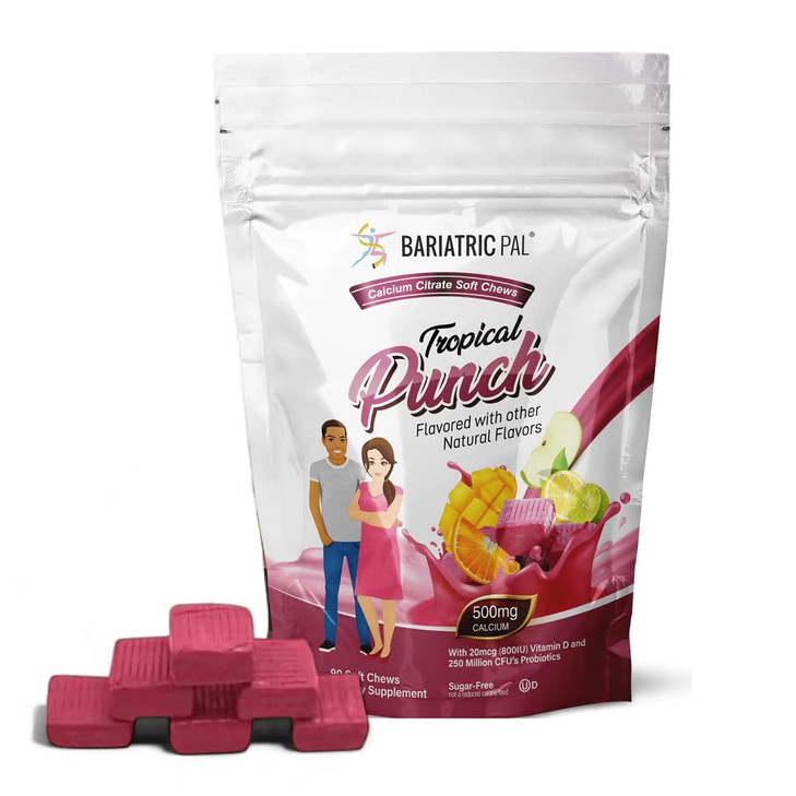 BariatricPal Sugar-Free Calcium Citrate Soft Chews | 500mg with Vitamin D & Probiotics | Tropical Punch | 90 Count (1 Month Supply)
