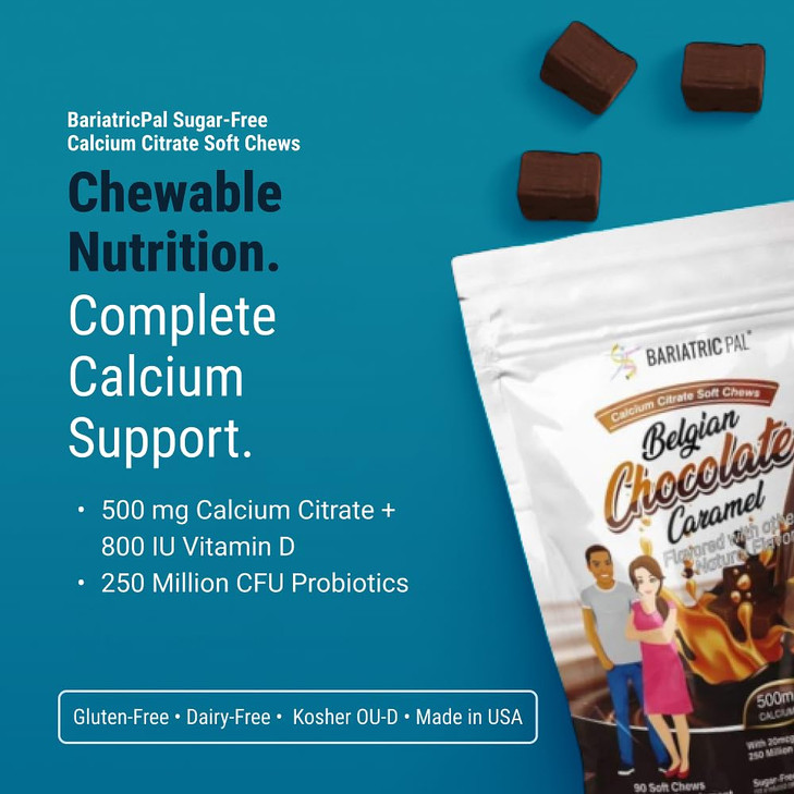 BariatricPal Sugar-Free Calcium Citrate Soft Chews | 500mg with Vitamin D & Probiotics | Belgian Chocolate Caramel | 90 Count (1 Month Supply)