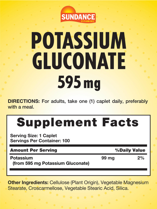 Sundance Potassium Gluconate 595mg | 100 Count | Essential Mineral Supplement | Vegetarian, Non-GMO, and Gluten Free Formula