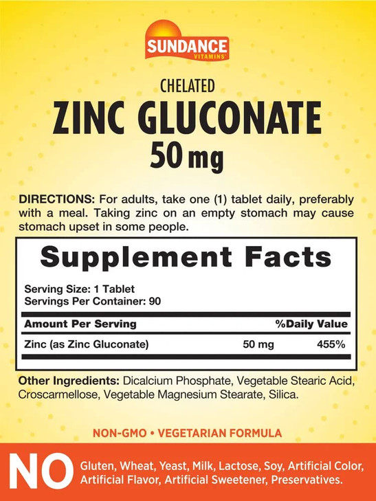 Sundance Zinc Supplement 50mg | 90 Tablets | Chelated Essential Mineral | Vegetarian, Non-GMO, and Gluten Free