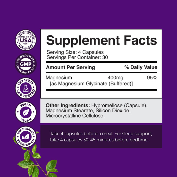 Pure Magnesium Glycinate Supplement 400mg Per Serving - Vegan High Absorption Chelated Magnesium Capsules for Women & Men with Elemental 400mg for Mo
