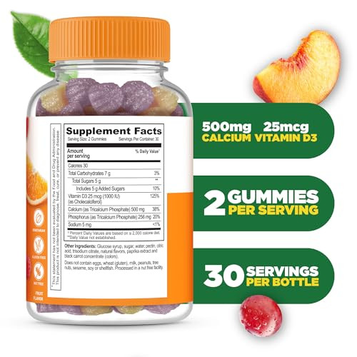 Lifeable Calcium with Vitamin D3 Gummies | Calcium 500 mg D3 1000 IU | Great Tasting Bone Strength Supplements | for Bone Health | Calcium Gummies fo
