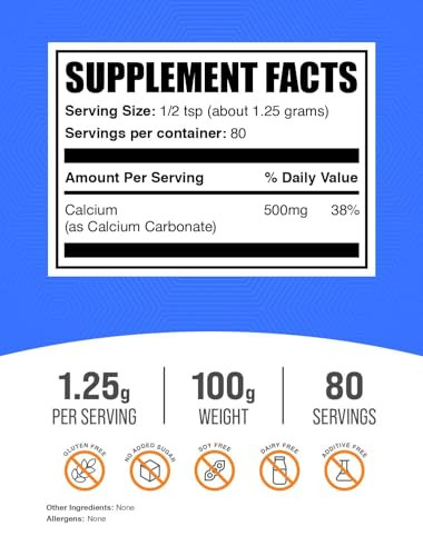 BulkSupplements.com Calcium Carbonate Powder - Calcium Carbonate Food Grade, High Absorption - Gluten Free, 1.25g per Serving, 100g (3.5 oz) (Pack of