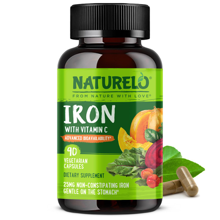 NATURELO Vegan Iron Supplement with Vitamin C and Organic Whole Foods - Gentle Iron Pills for Women & Men with Iron Deficiency Including Pregnancy, A