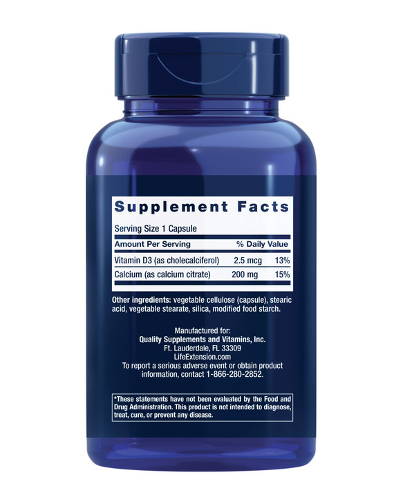 Life Extension Calcium Citrate with Vitamin D, Super-absorbable Calcium to Support Optimal Bone Health, Gluten-Free, Non-GMO, 200 Capsules