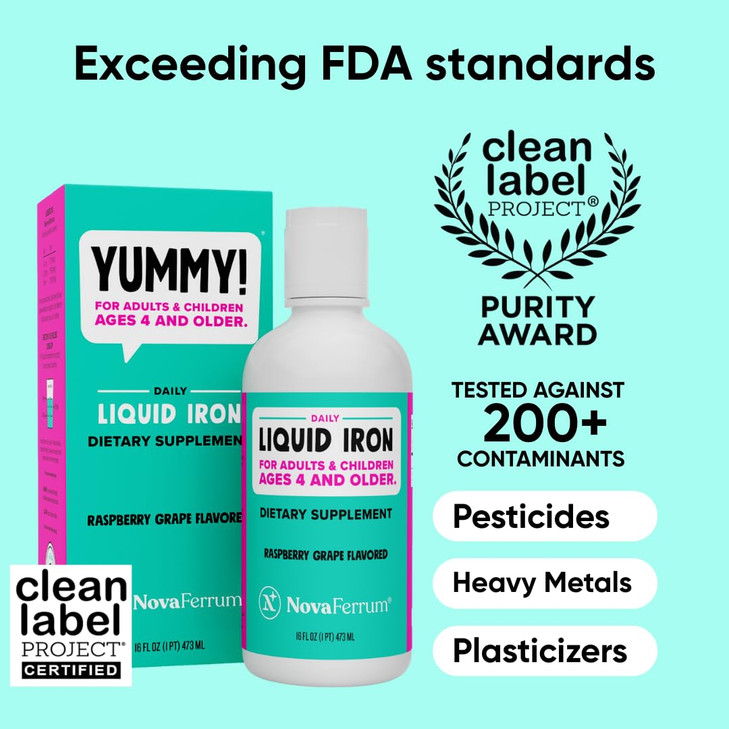 NovaFerrum Yummy 16 Fl Oz | Liquid Iron Supplement for Ages 4 & Up | 18mg of Iron/Tbsp | Gluten Free | Sugar-Free | Raspberry Grape
