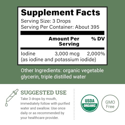 Organic Lugol's Iodine, Iodine and Potassium Iodide 2% Solution 3000 mcg - Liquid Supplement Drops for Thyroid Support for Women & Men, Metabolism He