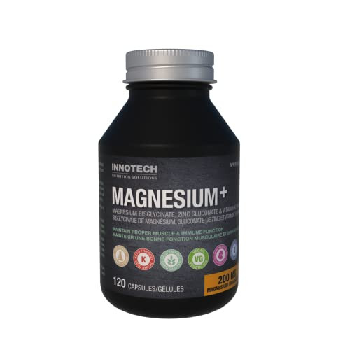 INNOTECH Nutrition Magnesium + 120 Capsules - Contains Magnesium Bisglycinate, Zinc Gluconate & Vitamins K2, MK-7 - Maintain Proper Muscle & Immune F