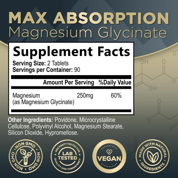 Magnesium Glycinate Supplement 250mg - 100% Chelated & Purified - to Support Sleep, Heart Health, Muscles, & Bone Strength - Best Absorption Magnesiu