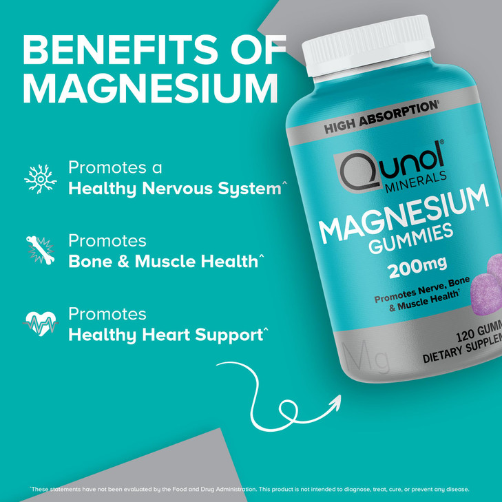 Qunol Magnesium Gummies for Adults, 200mg Elemental Magnesium (from 1,750mg Magnesium Citrate), High Absorption Magnesium Supplement, Supports Nerve,