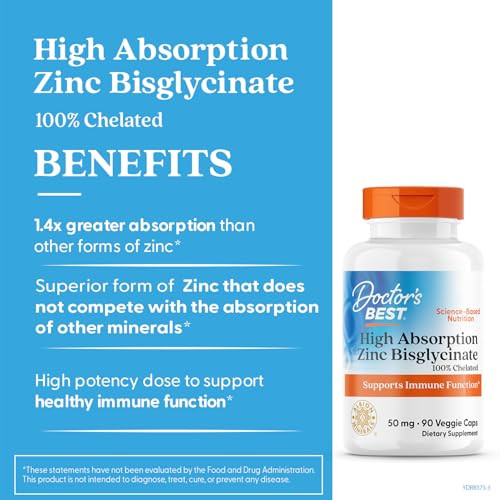 Doctor's Best High Absorption Zinc Bisglycinate 50mg High Potency Supporting Enhancing Immune System Antioxidant VC, 90 Count
