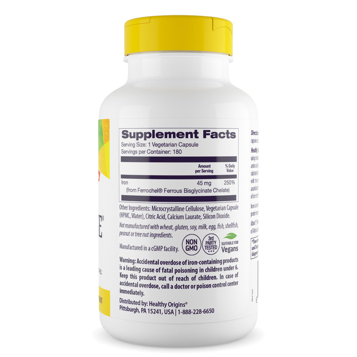 Healthy Origins Iron Ease 45 mg (Featuring Albion Ferrochel, Non-GMO, High Potency, Ferrous Bisglycinate Chelate), 180 Veggie Caps