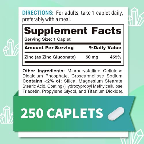 Vitamin World Chelated Zinc 50 mg - 250 Caplets, High Potency & Well Absorbed Chelated Zinc Supplement, Supports Immune, Skin & Antioxidant Health, G