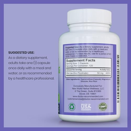 Zinc 50mg - Zinc Picolinate Immune Health Support Supplement 120 Veggie Capsules for Adults and Kids Vitamin, Well-Absorbed High Potency Pure Zinc Su