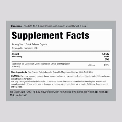 Piping Rock Triple Magnesium Complex | 420 mg | 200 Capsules | Magnesium Oxide, Citrate, and Aspartate Supplement | Non-GMO, Gluten Free