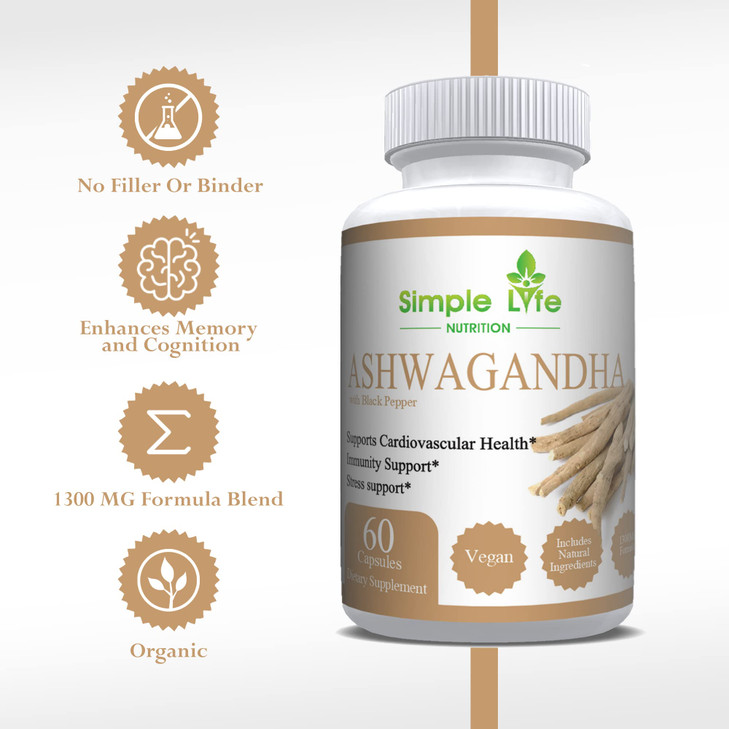 Simple Life Nutrition Organic Ashwagandha - Max Strength 1300MG Vegan Capsules - 100% Pure Non GMO Root Powder with Natural Black Pepper 60CT
