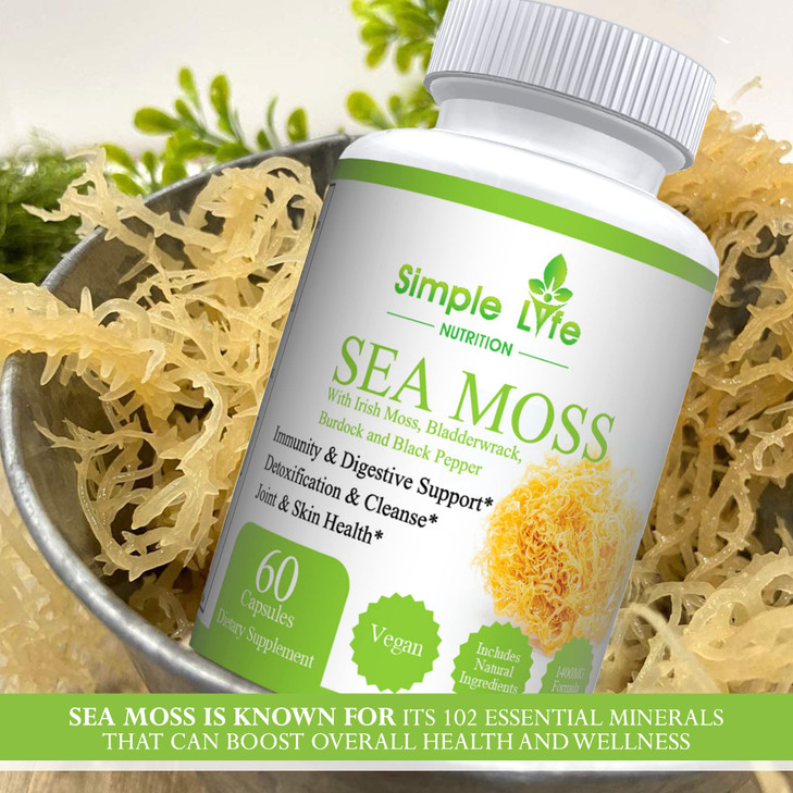 Simple Life Nutrition Organic Irish Sea Moss Capsules 1400MG - Advanced with Burdock Root, Bladderwrack & Black Pepper - Immune System, Gut & Thyroid